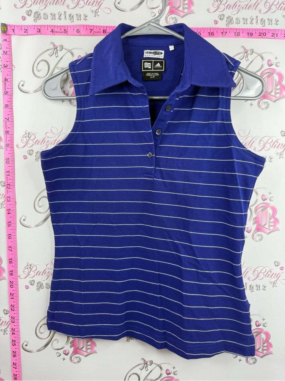 adidas climalite blue white Striped Sleeveless Polo Tank Top preppy buttons